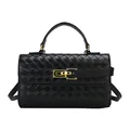 Classic black woven leather handbag with gold twist lock and adjustable shoulder strap - Black
