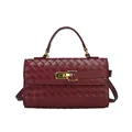 Burgundy woven leather crossbody bag with gold twist lock and adjustable strap - Red
