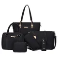 Juego de 6 bolsos de cuero sintético negro con costuras blancas y herrajes dorados - Negro
