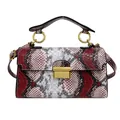 Three-tone snake skin patterned square shoulder bag with gold metal lock and top handle - White