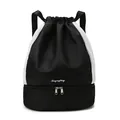 Black and white gym bag with drawstring closure and separate bottom shoe compartment - Black