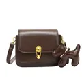 Minimalist vintage brown leather crossbody bag with artistic gold clasp and dog charm - Puppy Charm Style / Brown
