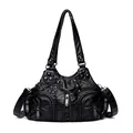 Borsa a mano vintage nera da donna con cerniere multiple e dettagli con borchie - Nero