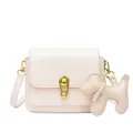 Minimalist beige crossbody square bag with golden buckle and dog charm on white backdrop - Puppy Charm Style / Off White
