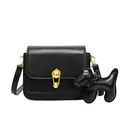 Retro black faux leather crossbody bag with gold lock and cute dog charm pendant - Puppy Charm Style / Black