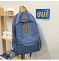 Zaino blu nebbia di grande capacità con logo in pelle e cinturini marroni - Blu