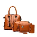 Ginger yellow 4-piece women handbag set featuring tassels and feline metal charm décor - Brown