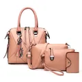 Pink 4-piece handbag set with tote, crossbody bag, clutch and wallet in V-quilted faux leather - Pink