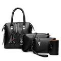 Black 4-piece set of quilted faux leather handbags with cat tassel and silver hardware - Black