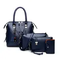 Navy blue 4-piece women handbag set with V-shaped stitching and cute cat tassel pendant - Blue
