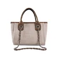 Minimalistische beige Web-Tasche mit braunen Ledergriffen und Metall-Kettenriemen - Klein Khaki