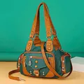Borsa a tracolla vintage verde e marrone con tasche multiple e tracolla regolabile - Verde