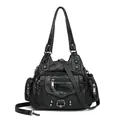Schwarze Retro-Handtasche aus gewaschenem PU-Leder mit Vintage-Textur und Reißverschlüssen - Schwarz