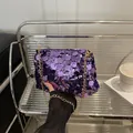 Deep purple sequin shoulder bag with golden chain strap for evening parties and social events - Purple