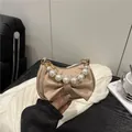Mini beige bow handbag with oversized pearl strap and sparkling rhinestone details - Khaki