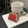 Mini red lychee pattern leather kiss-lock coin purse and jewelry organizer - Red