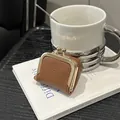 Mini brown lychee pattern leather coin purse with golden metal kiss lock closure - Dark Brown
