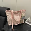 Pink large capacity floral tote bag with embroidery details and a cute bear charm - With Pendant / Pink