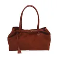 Brown-red suede tote bag with leather handles and gold buckle details in a minimalist style - Brown