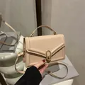 Minimalist chic beige square crossbody bag with elegant oval gold metal buckle and strap - Khaki