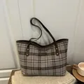Retro grey plaid tote bag with brown leather handles and vintage check pattern - Large Coffee Grid