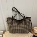 Vintage orange and grey plaid plaid tote bag with brown leather trim and side drawstring - Small Green Plaid