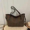 Classic vintage plaid tote bag in brown and blue fabric with premium leather handles - Small Plaid Coffee