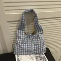 Sac fourre-tout à carreaux bleus et blancs avec ruban et doublure jaune vif - Bleu