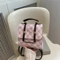 Rosa-weißer Mini-Rucksack mit Karomuster, Bären-Illustration und Lederriemen - Rosa