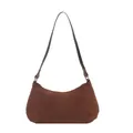 Retro brown suede underarm baguette bag with silver metal hardware and zipper closure - Brown