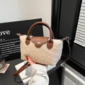 Faux shearling handbag with brown leather trim and detachable shoulder strap - Khaki