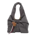 Sac à épaule en velours côtelé gris foncé avec grand nœud et breloque ours en peluche brun - Gris Avec Pendentif