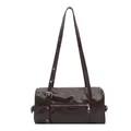 Dark brown glossy patent leather pillow shoulder bag with silver hardware on white background - Dark Brown