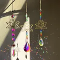 Detailed view of suncatchers with lotus ornaments and faceted crystal prisms for rainbows - Lotus Sun Suncatcher Hanging Decor (B Style Green Stone)