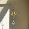Detail of crystal suncatcher with golden lotus and rainbow beads casting light - Lotus Style F (45cm)