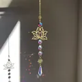 Close-up of crystal suncatcher with metal lotus, faceted beads, and teardrop prism pendant - Lotus Style D (45cm)