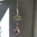 Detail of crystal suncatcher showing lotus charm and rainbow prisms on neutral background - Lotus Style H (Green Natural Stone)