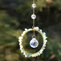 Handmade crystal suncatcher with golden ring and natural stone wrapping for garden decor - Green Gravel And AB Crystal Ball