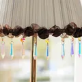 AB crystal prism pendant chandelier decor with grey pleated fabric and brown ribbon flowers - Crystal Column Pendant / AB Color