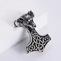 Vintage Wikinger Wolfskopf Thors Hammer Mjolnir Anhänger Halskette aus Edelstahl - Ohne Kette / Stahlfarben