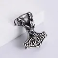 Vintage-Anhänger aus Edelstahl mit Ziegenkopf und Thors Hammer im nordischen Stil - Stahlfarbe ohne Kette