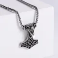 Wikinger Thors Hammer Halskette mit Wolfskopf und Keltenknoten-Muster aus Edelstahl - Mit Boxkette / Stahlfarben