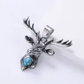 Retro stainless steel stag deer head pendant with oval blue turquoise stone inlay - Steel Color (No Chain)