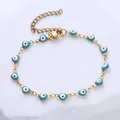 Gold plated evil eye heart link bracelet with colorful enamel pendants and lobster clasp - Cyan Eye
