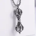 Retro stainless steel silver Vajra pendant necklace with vintage engraving for men - Steel Color (With Chain)