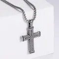 Retro stainless steel cross pendant necklace with V-shaped engraving on box chain - Steel Color (With Chain)