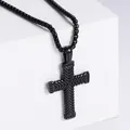 Classic vintage black stainless steel cross necklace with textured chevron engraving and box chain - Black (With Chain)