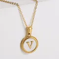 18k gold plated stainless steel necklace with white shell round letter V pendant - Letter V