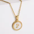 18k gold plated stainless steel necklace with round white shell letter P pendant - Letter P