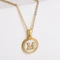 18k gold plated stainless steel necklace with white shell initial M disc pendant - Letter M